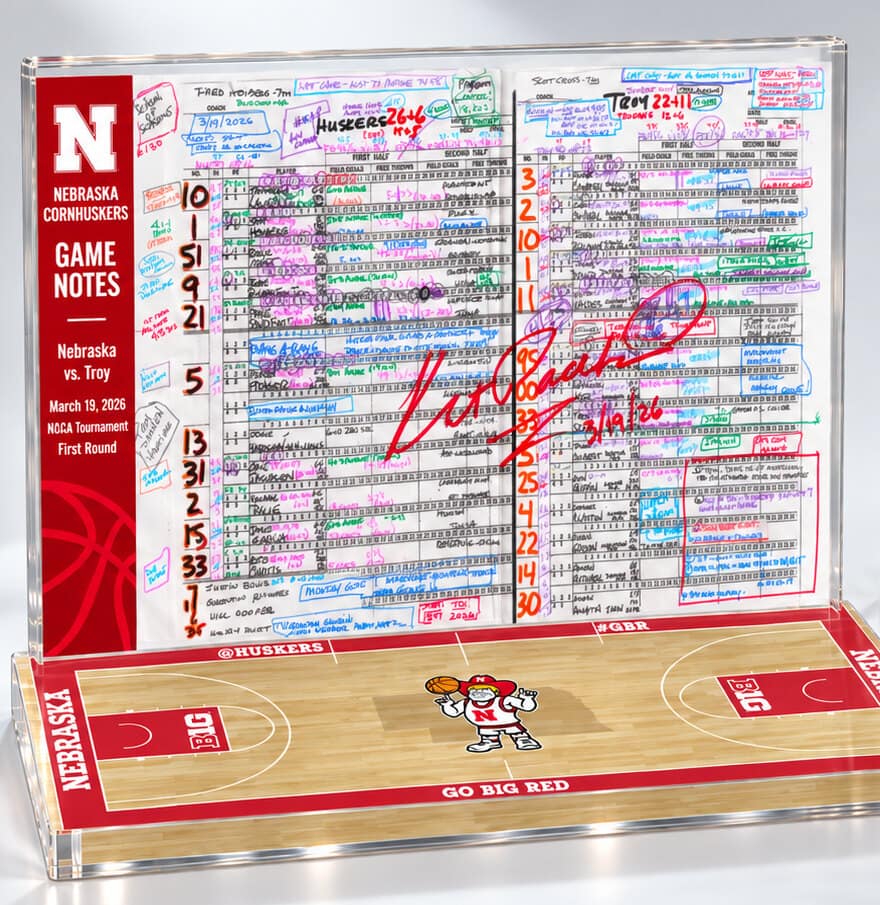 The front of the game-notes display: Kent Pavelka’s spotting board in acrylic.